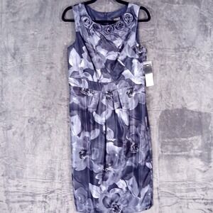 Adrianna Papell Dress Womens 10 Blue Floral Sheath Rosette Cocktail Party NWOT